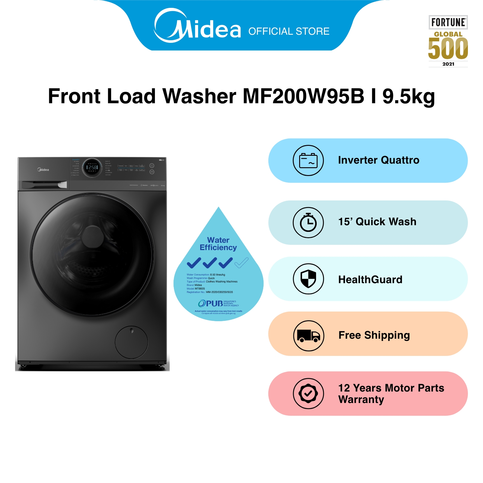 [Bulky] Midea MF200W95B Grey Front Load Washer, 9.5kg, Water Efficiency 4 Ticks