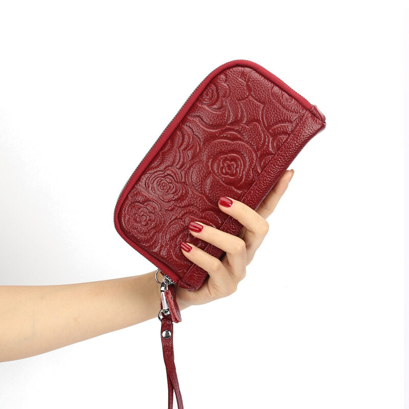 Royal Bagger Genuine Cow Leather New Fashion Double Zipper Flower Long Wallet Purse For Women Girls Super Hot High Capacity Clutch Bag Handbag Women's Multifunction Bags Casual Multi-Card Position Wal